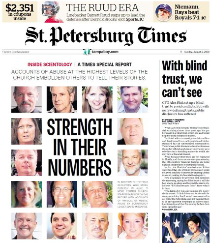 Front page showing Scientology whistleblowers in the St Pete Times